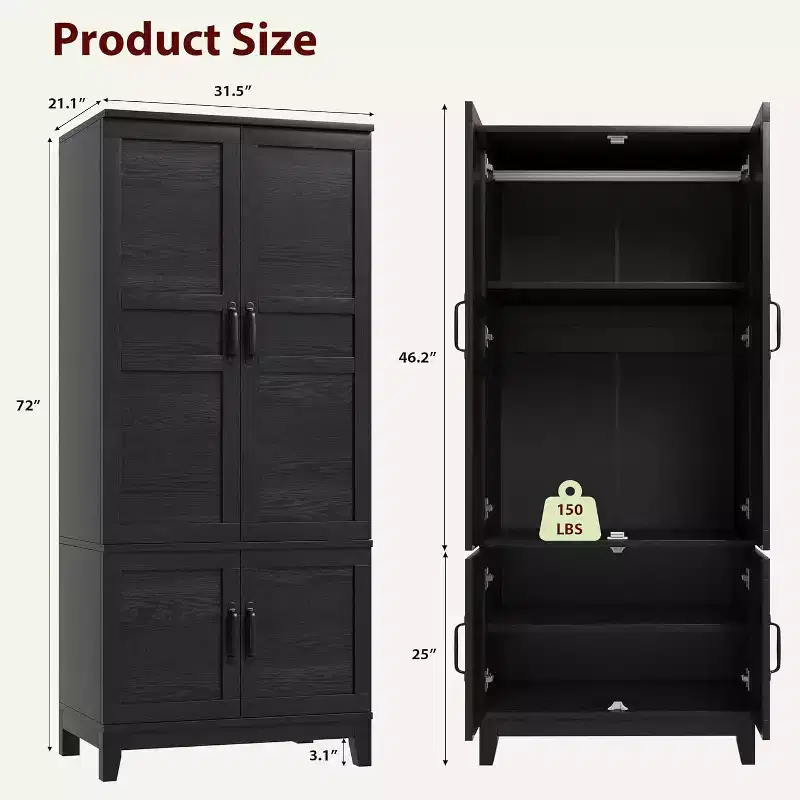 Armoire Wardrobe Closet, 72 in Wooden Wardrobe Cabinet with Hanging Rod, Tall Clothing Armoire Storage Cabinet with Adjustable Shelves for Bedroom