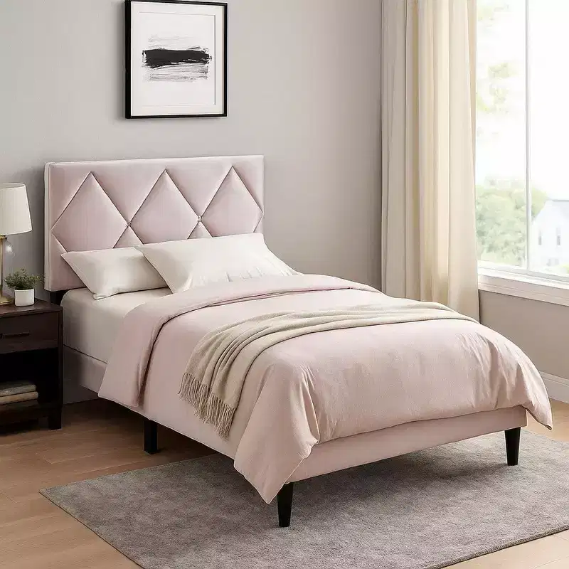 Royal Hampton Full Bed, Tufted Light Pink Velvet Upholstery, Diamond Stitch
