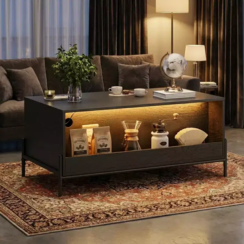 Rattan Coffee Table with LED Lights, Rectangle Living Room Center Table with Drawers and Arched Door, Tea Table for Apartment