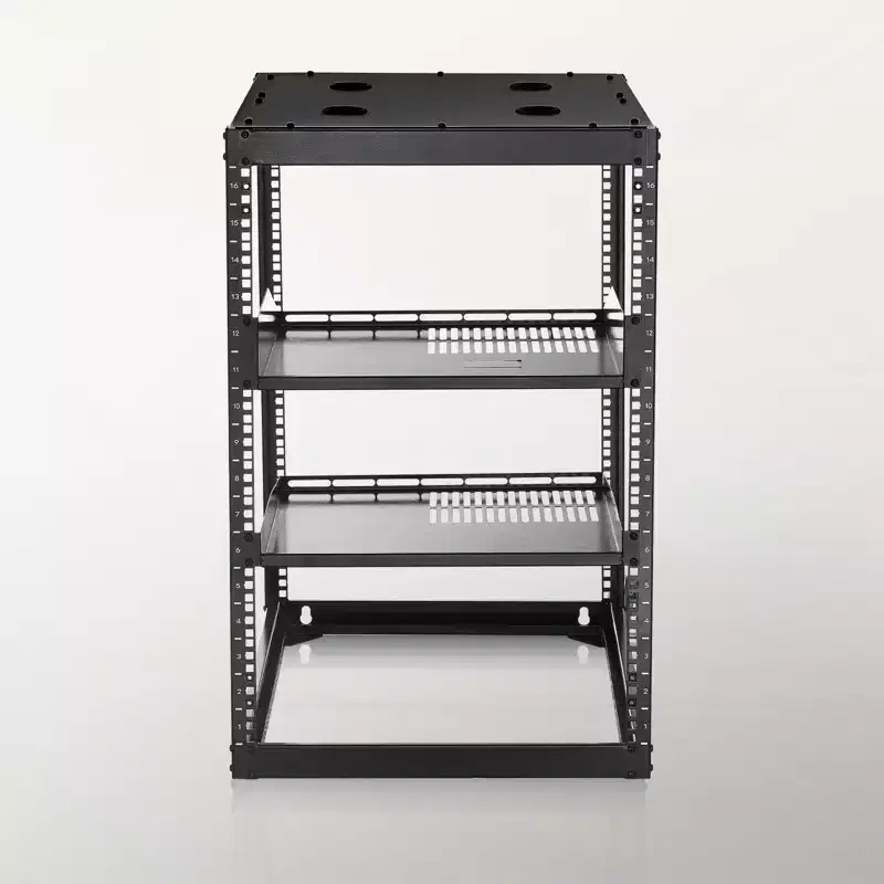 VEVOR 16U Open Frame Network Rack, 23 in Depth, Wall Mounted or Floor Standing Server Rack, Heavy Duty 4 Post, with Vented Shelves, Black