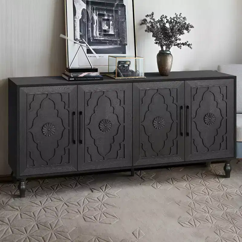 Okak Storage Cabinet with Carved Flower Door, Entryway Cabinet with Metal Handle Sideboard Cabinet for Living Room