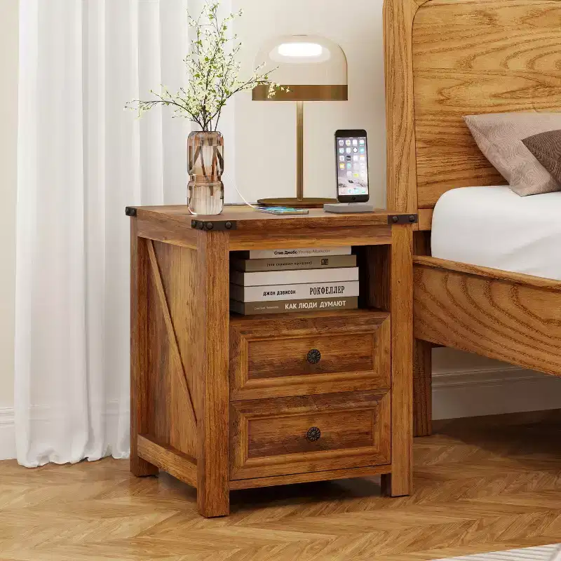 Dyonery 18 Farmhouse Nightstand with Charging Station,End Table with 2 Drawers, Side Table for Living Room ,White