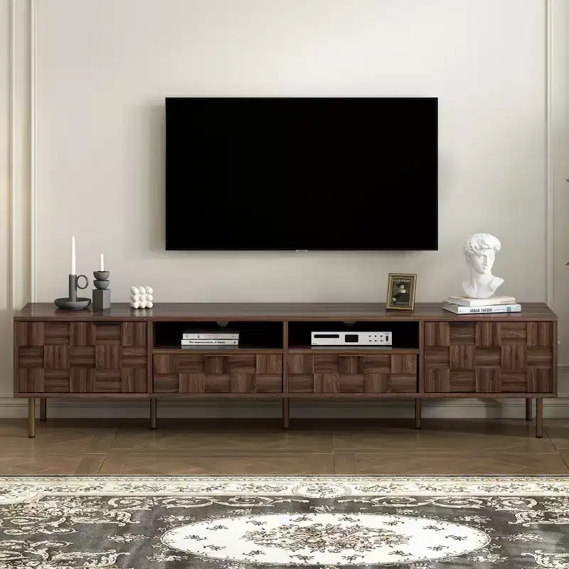 Mid Century TV Stand with 2 Drawers, Media Console Table for TVs up to 85'', Entertainment Center with 2 Storage Cabinet, Dark Brown - HABITRIO