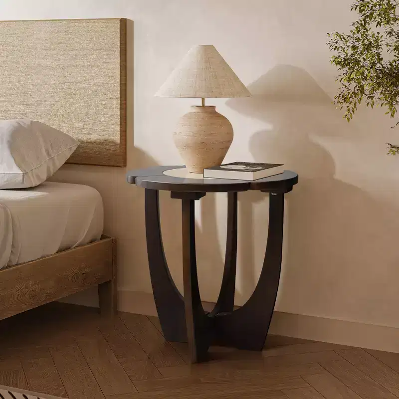 LuxenHome Mid-Century Modern Round Side Table, Color Block Dark Pine Wood Accent End Table with Crisscross Legs for Bedroom, Living Room Brown