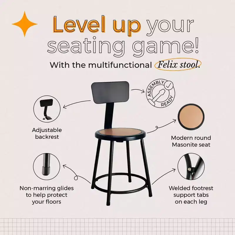 Hampden Furnishings 18" Felix Collection Steel Stool with Backrest Black