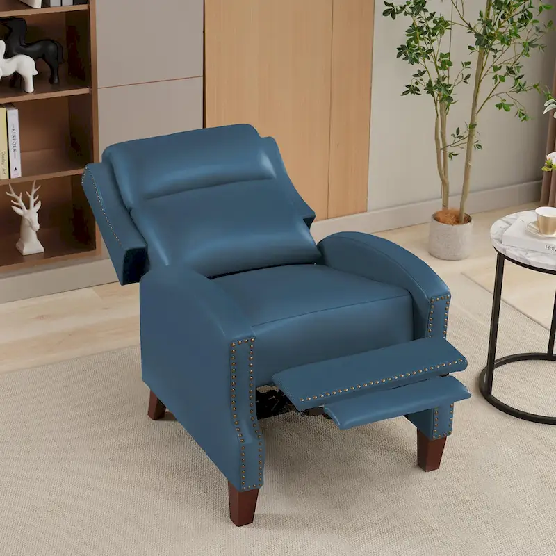 Genuine Leather Pushback Recliner with Multi-Angle Seat Back and Solid Wood Legs
