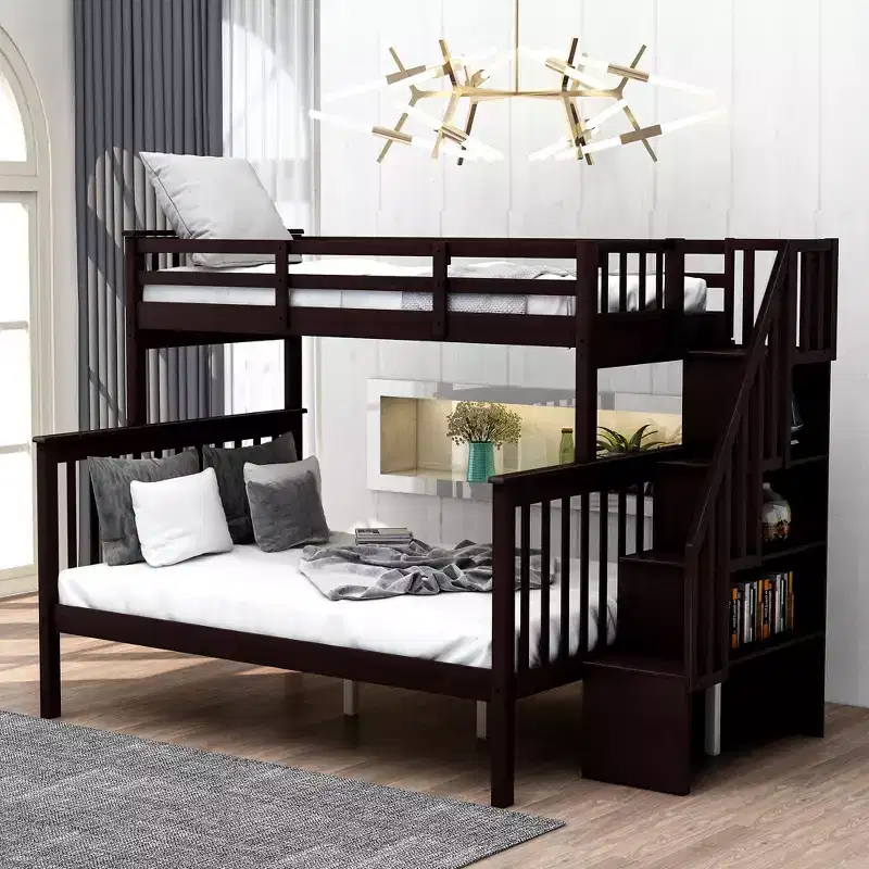 Stairway Twin over Full Size Bunk Bed with Storage and Guard Rail for Bedroom