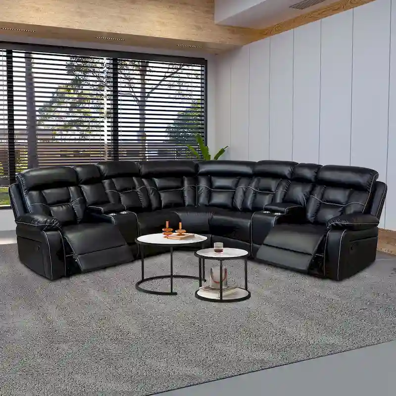 Mid-century Modern Faux Leather Upholstered Reclining Sectional Sofa