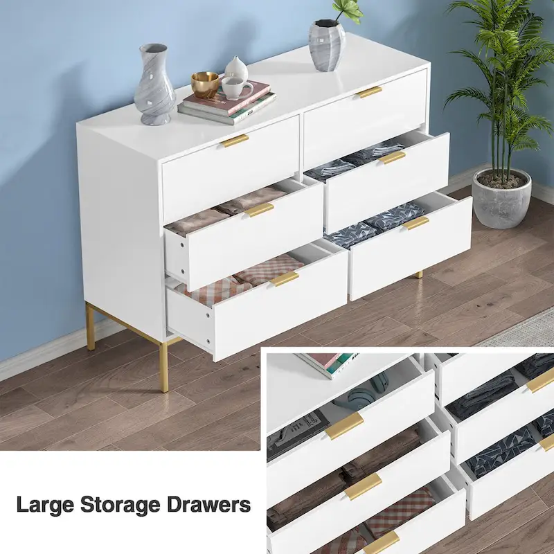Modern 6-Drawer Double Dresser in White & Gold – Metal Legs & Smooth Glides