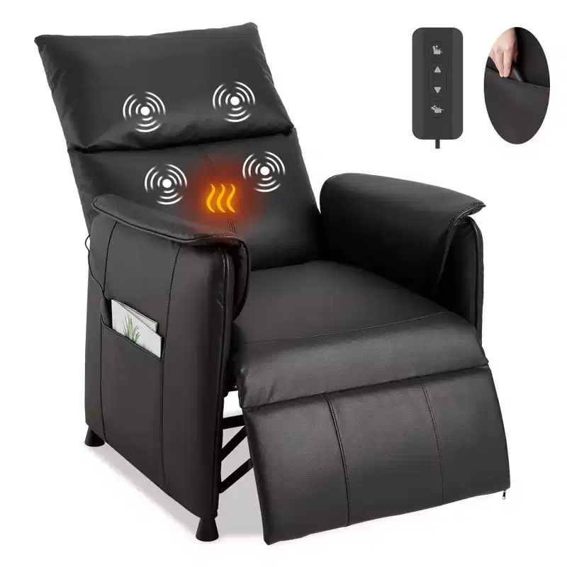 Massage Recliner Chair with Heat, PU Leather Lounge Chair with Vibration Massage Points, Modern Single Sofa for Living Room, Bedroom, Black