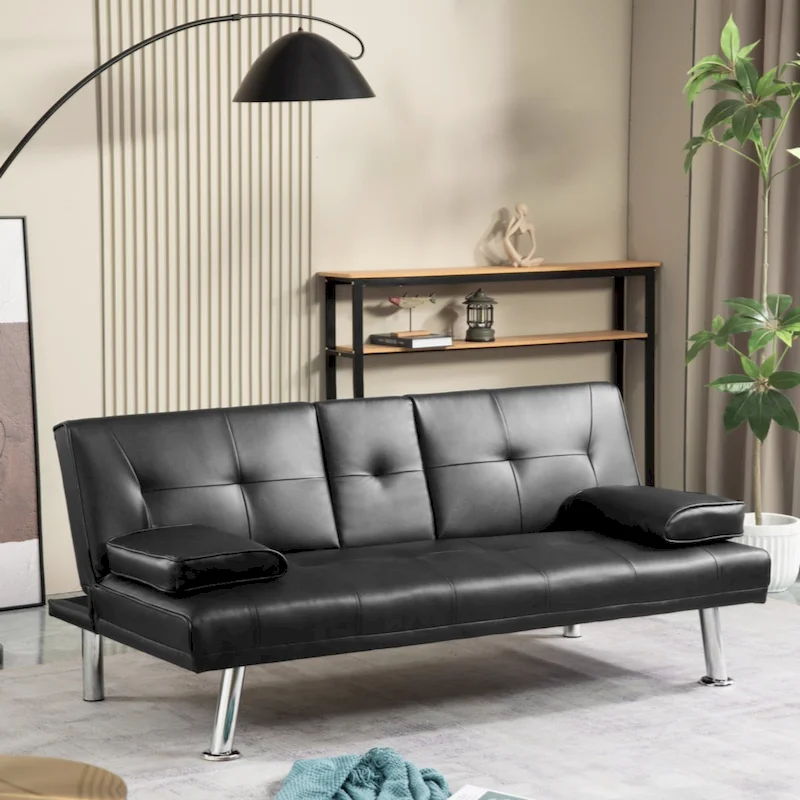 PU Upholstered Modern Convertible Folding Futon Sofa Bed Removable Armrests, Metal Legs, with 2 Cupholders