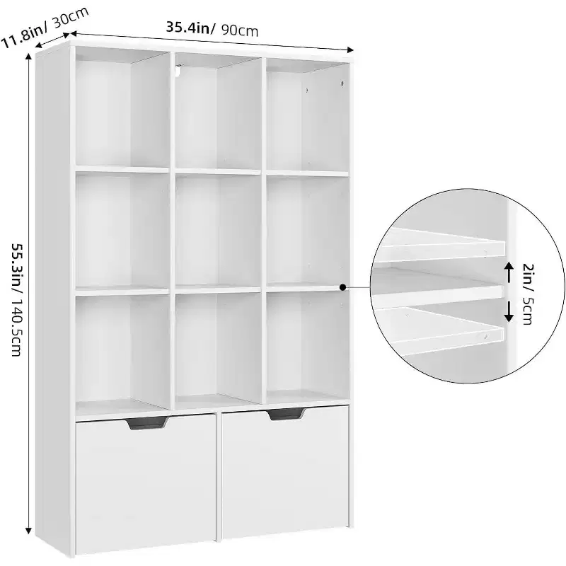 54 Tall Freestanding White Wooden Bookcases/ Bookshelf Storage Organizer with 9 Cube Open Shelf and 2 Drawers for Living Room, Office, Bedroom