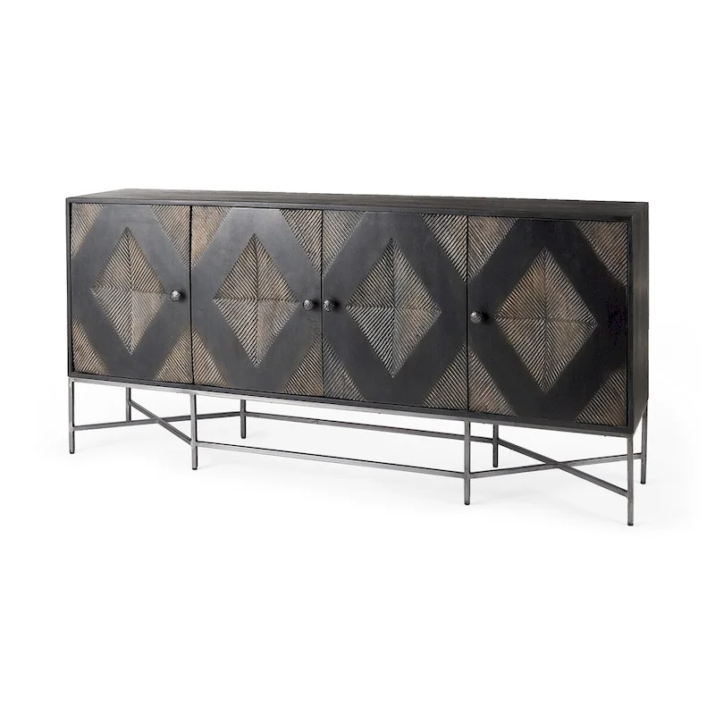 Hogarth I Two-Tone Brown Solid Wood Base Silver Frame 4 Cabinet Sideboard