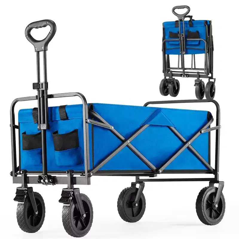 Collapsible Folding Wagon Cart with All-Terrain Wheels Heavy Duty Utility Cart for Camping and Shopping 330lbs Capacity(Large-Blue)