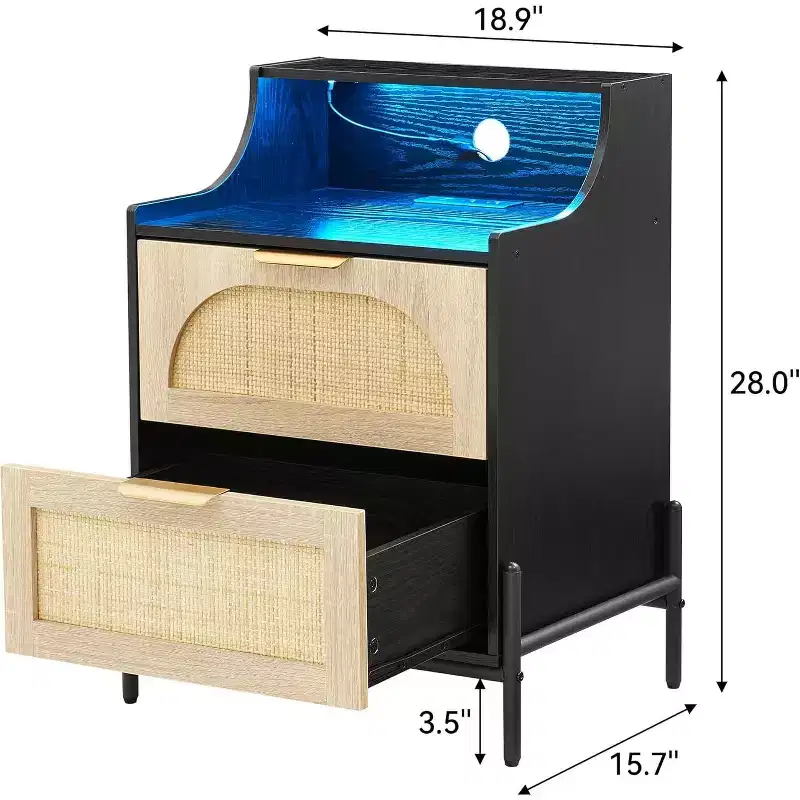 DobleePy Rattan Nightstand with Charging Station & LED Lights, 2 Drawer Bedside Table, Storage End Table for Bedroom, Living Room, Black