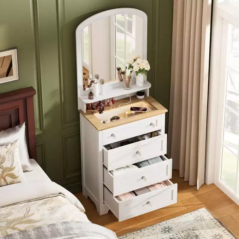 DobleePy 4-Drawer Dresser with Mirror, LED Strip & Charging Station, Modern Makeup Vanity Cabinet for Bedroom, Entryway, Small Space