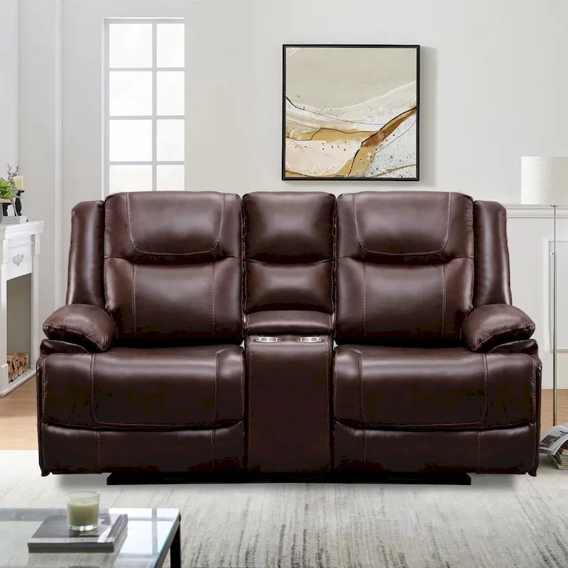Genuine Leather Mid-century Modern Style Manual Recliners Sofa Set