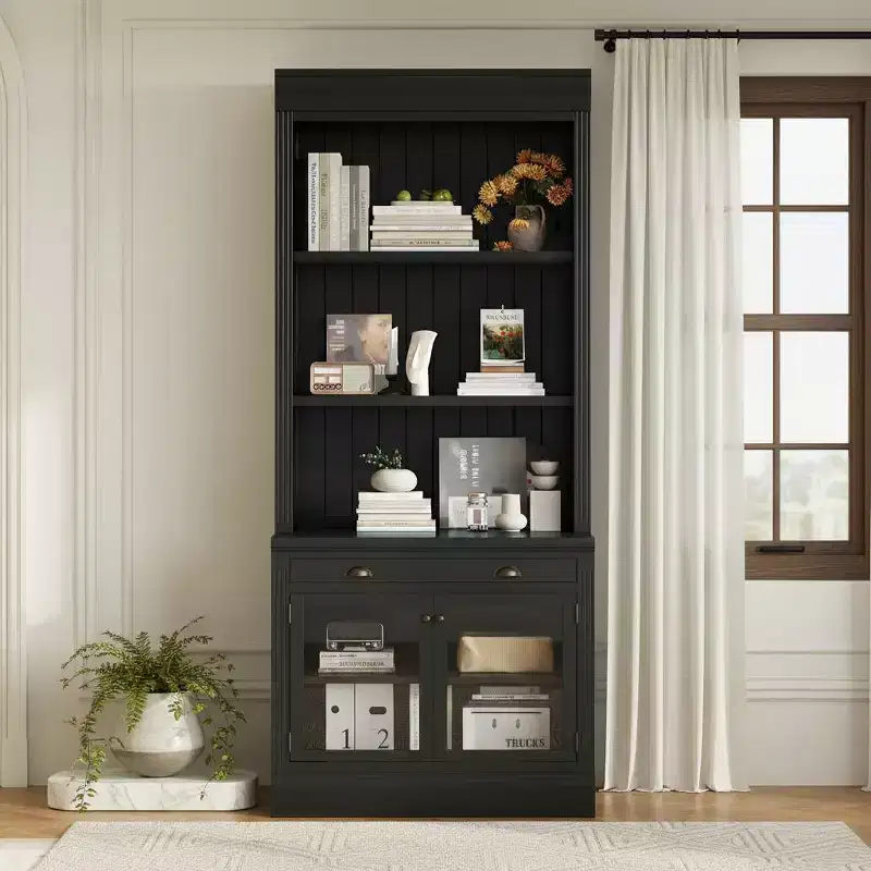 Modern Display Bookcase with 2 Glass Doors, Adjustable Shelf & Storage Drawer