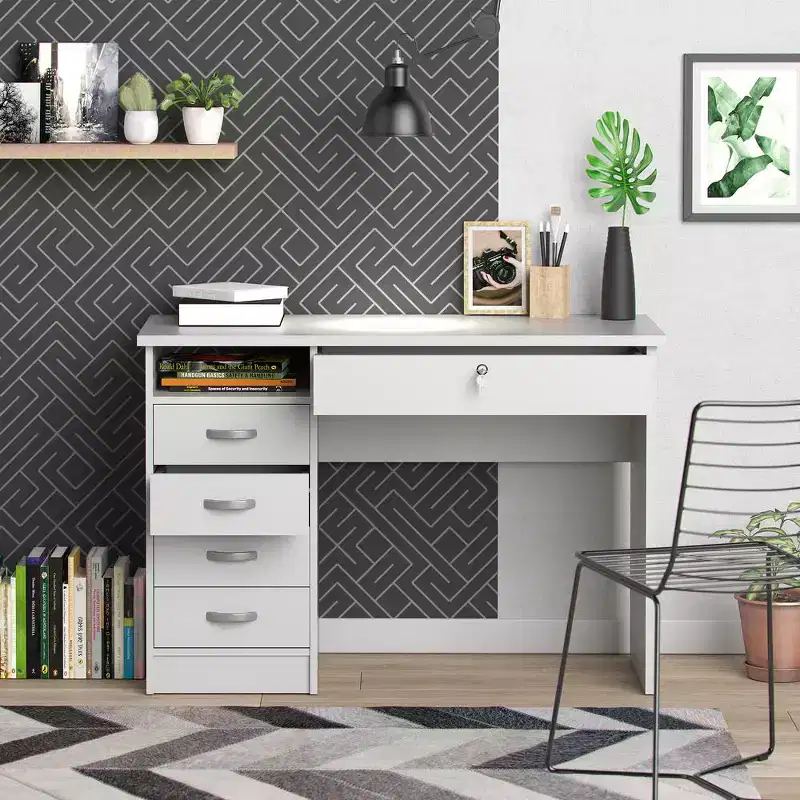Writing Desk with 5 Drawers White Foil Finish Lockable Drawer Metal Glides Home Office