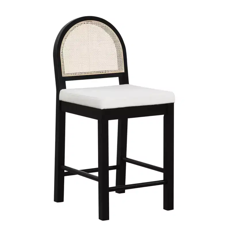 Curved Rattan Back Counter Height Barstool, Cream Boucle Seat, Black Rubberwood Legs, 24