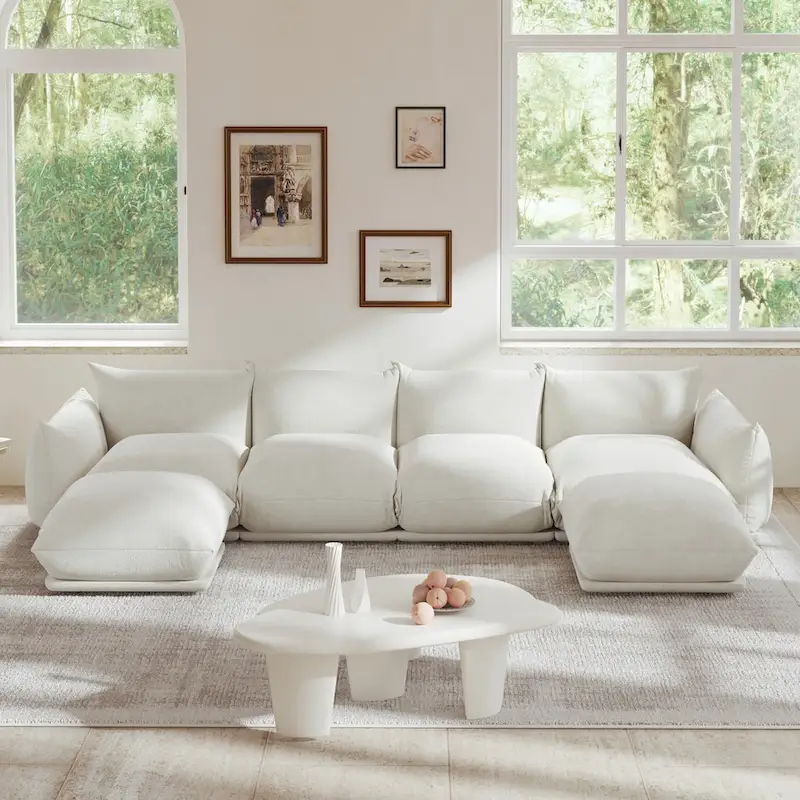 Chenille Fabric Sectional Sofa U-shaped 4-seats Sofa with 2 Ottomans