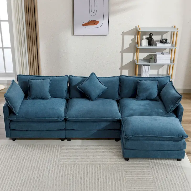 Blue 112.2 Modern L-Shaped 4-Seat Sofa with Removable Ottoman