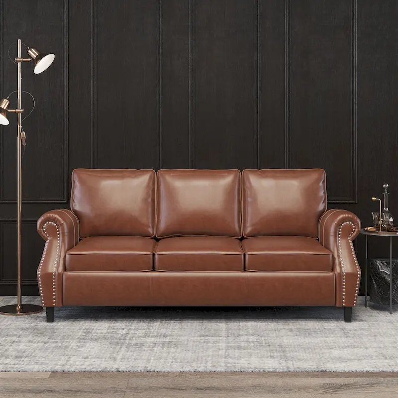 Dowd Faux Leather 3 Seater Sofa with Nailhead Trim by Christopher Knight Home