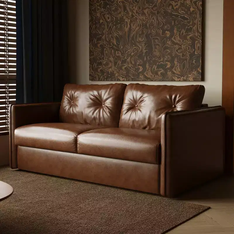 63 Modern Sleeper Sofa Bed, Oil Wax Leather Couch with High-Density Foam Cushions (Mattress Included)