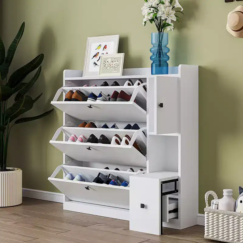 Shoe Cabinet with 3 Flip-Top Drawers and Pull-Down Seat