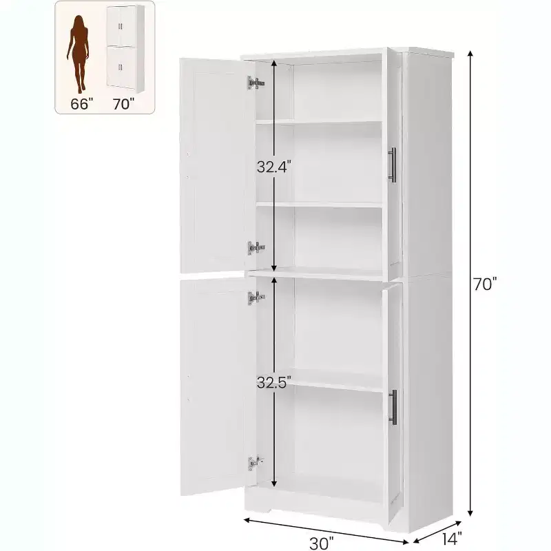 Freestanding Kitchen Pantry Cabinet with Doors and Adjustable Shelves, 70 Tall Storage Cupboard, Versatile Cabinet
