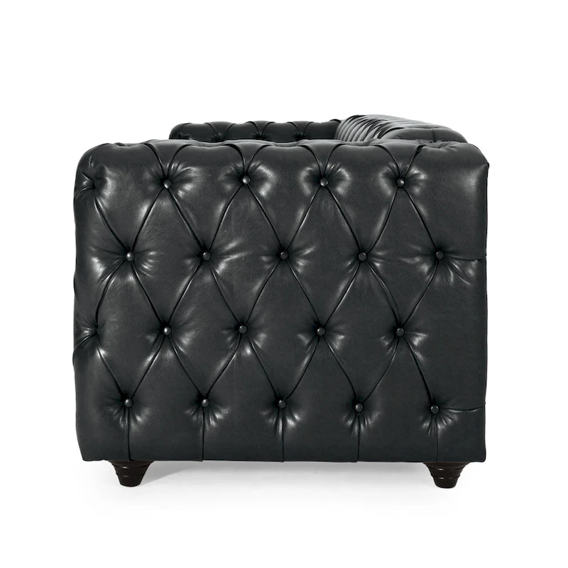 Faux Leather Button Tufted 3-seater Sofa with Wood Legs