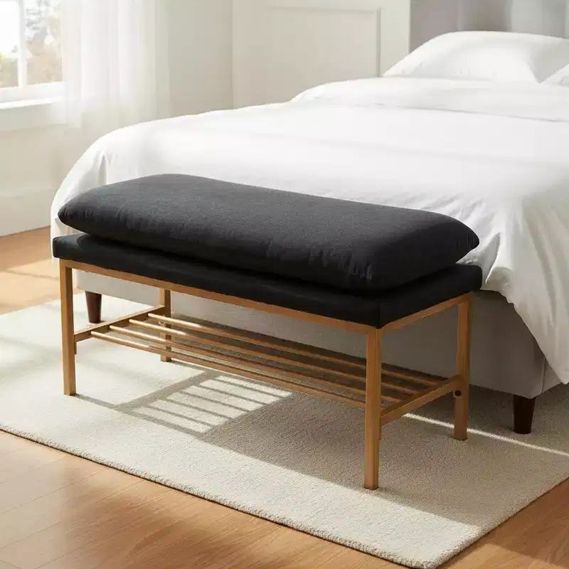 Homy Casa Upholstered Storage Shoe Bench with Metal Frame and Lower Rack for Entryway,Black