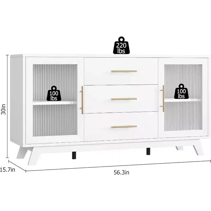 COZONY Modern Sideboard Buffet Cabinet with Fluted Glass Doors and 3 Drawers, Adjustable Shelf, Dining Room or Living Room Console
