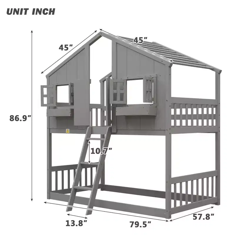 Twin Size House-Shaped Loft Bed, Wood Playhouse Loft Bed with Ladder & Guardrails for Kids