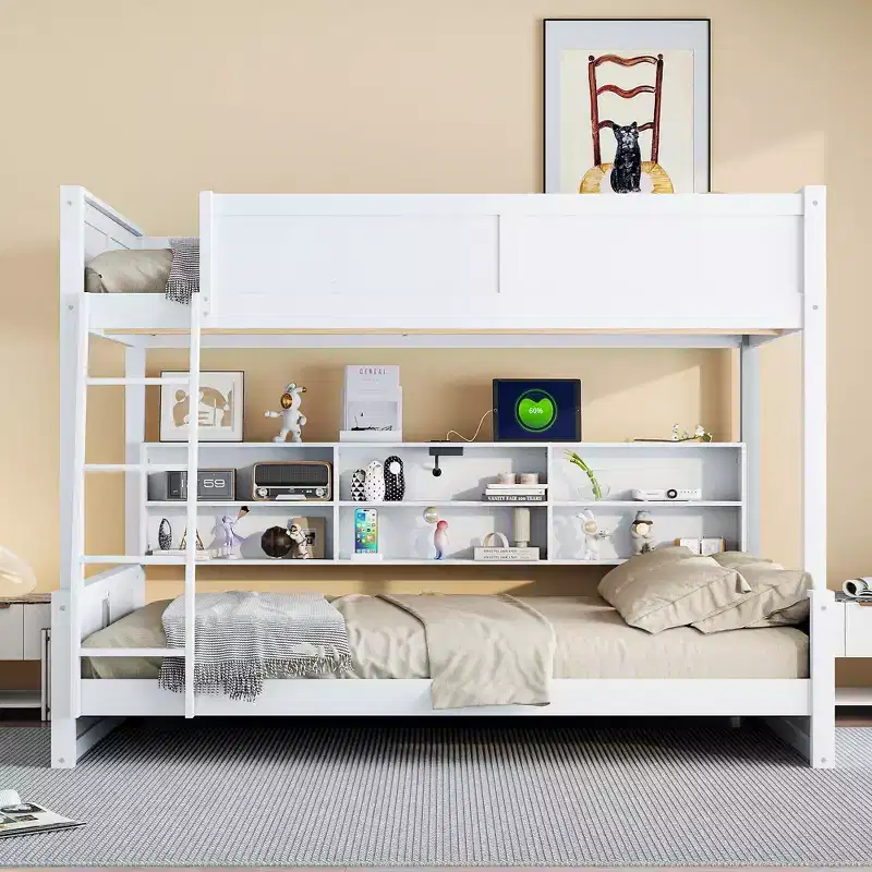 Bunk Bed with Storage Shelves, Solid Wood Bedframe with Cabinets & USB Ports for Bedroom