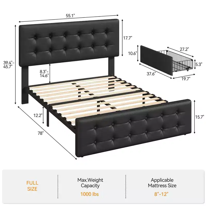 Linen Upholstered Bed Frame with 4 Storage Drawers | Metal Frame & Button Tufted Headboard | Wood Slat Support | No Box Spring Needed
