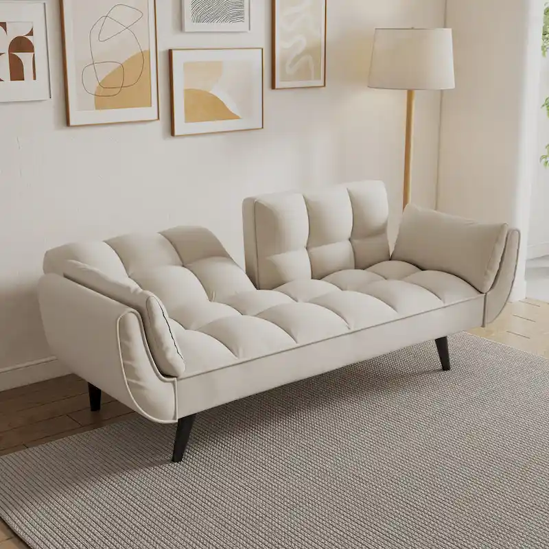 57 Sofa Bed,Polyester Blend Comfy Futon Couch Bed with 2 Square Pillows, Convertible Sleeper Sofa with Adjustable Backrest