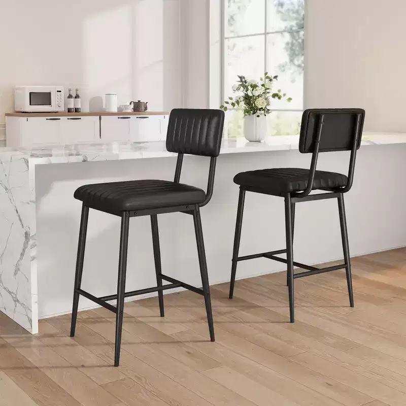 Counter Height Bar Stools Set of 2, Upholstered Kitchen Counter Stools with Backrest & Footrest, Faux Leather Bar Stools for Kitchen Island