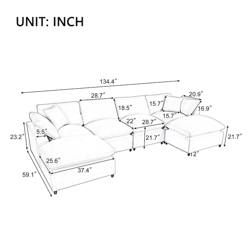 Modern U-Shape Sectional Sofa, 2 Large Chaise with Removable Ottomans