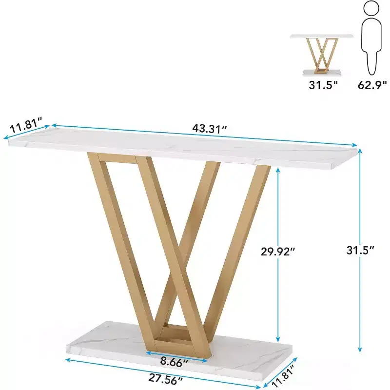 43-Inch Gold Console Table, Modern Hallway Entryway and Sofa Table for Living Room, Faux Marble White, Easy Assembly