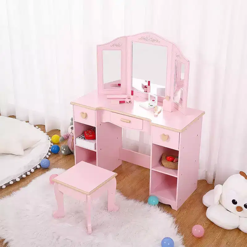 Girls' Vanity Table and Chair, Kids Makeup Dressing Table with Wood Makeup Playset Toy, Kids Vanity with Mirror & Drawer