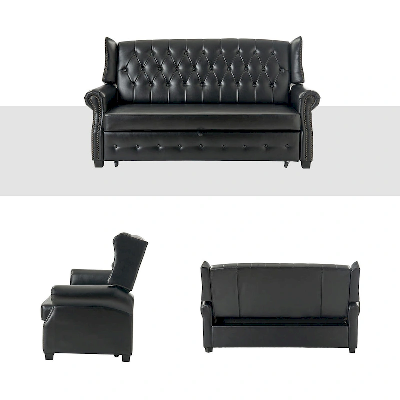 Ruedi Transitional 73.6 Vegan Leather Sofa Bed with Tufted Back and Nailhead by HULALA HOME