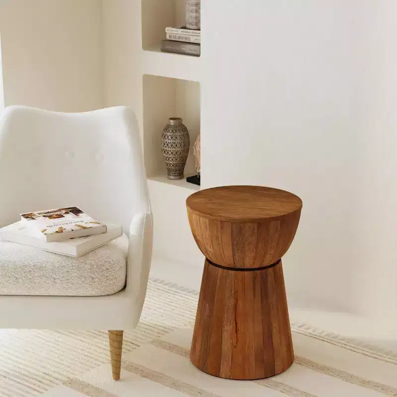 East at Main 16" Cinched Wood Drum Table Walnut: Handcrafted, Mango, No Assembly Required