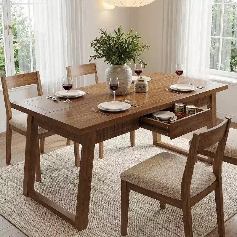 MAYEERTY 55 Rectangular Dining Table, Solid Wood Leg Table with Drawer for 4-6 People