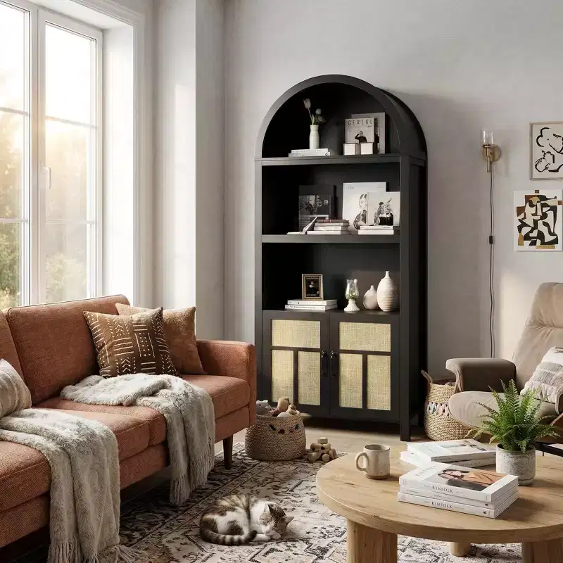 FurnitureR Arched Bookshelf Storage Cabinet with Rattan Doors, Tall Display Shelf Bookcase with Storage for Living Room, Bedroom, Entryway Organizer