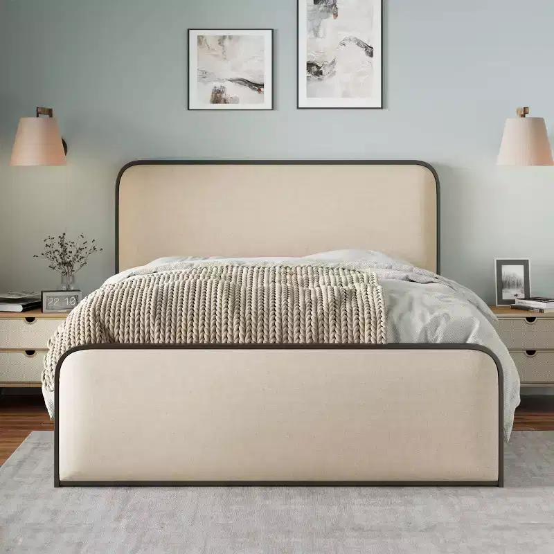 Queen/King Size Metal Platform Bed with Curved Upholstered Headboard and Footboard, Heavy Duty Metal Bed Frame for Bedroom