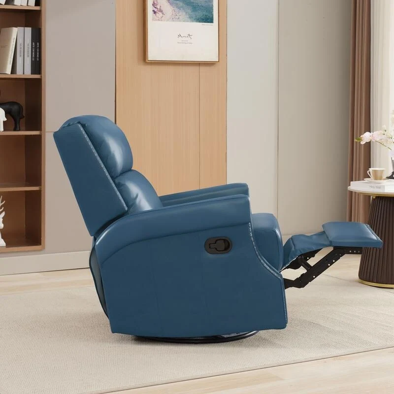 Genuine Leather Manual Rocking Recliner with 360-degree Metal Swivel Base