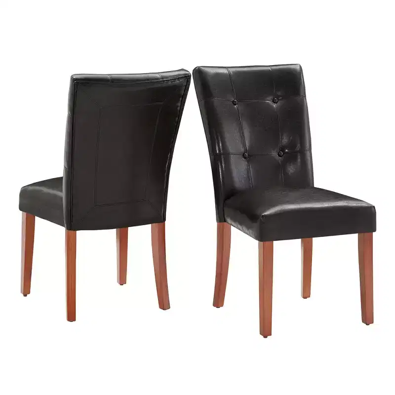 Tufted Faux Leather Dining Chairs Set of 2, Cherry, High Back, Rubberwood Frame