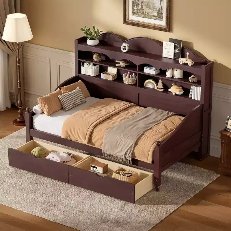 Twin Daybed with Storage Drawers and Headboard Shelves, Wooden Day Bed Frame, Espresso