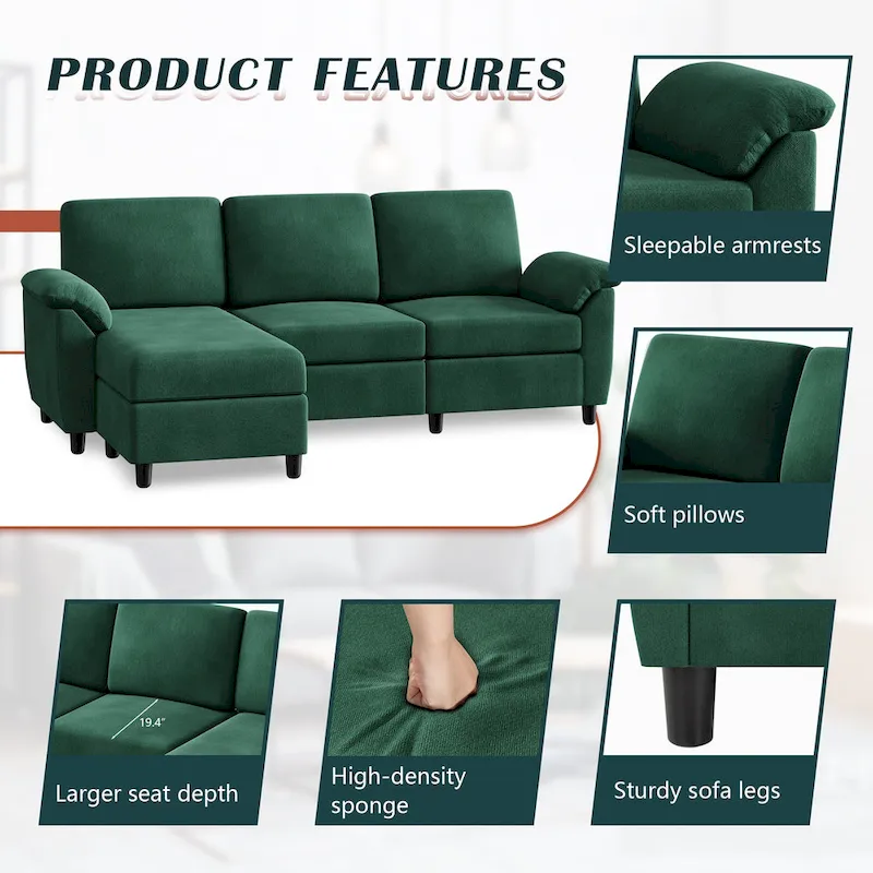 Futzca Sectional Sofa Couch, 3 Seat L Shaped Sofa with Removable Pillows